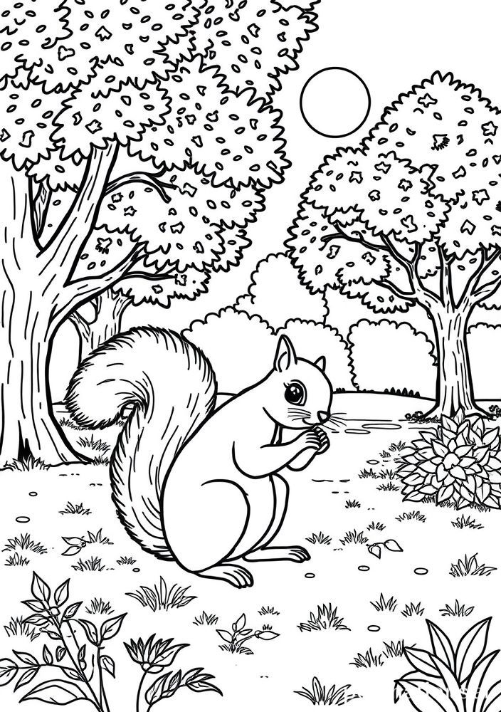 Desenho de Esquilo Brincando no Parque para Colorir