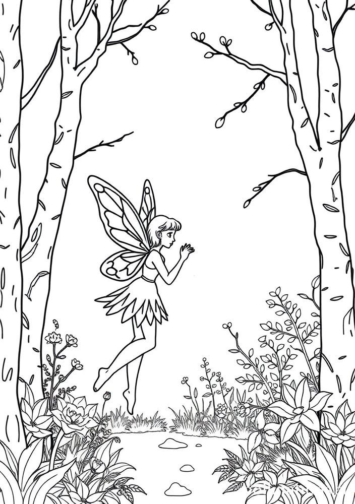Desenho de Fada em um bosque para colorir