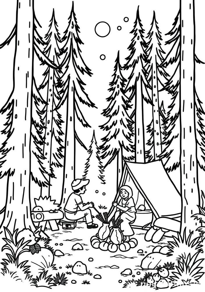 Desenho de Família Acampando na Floresta para colorir