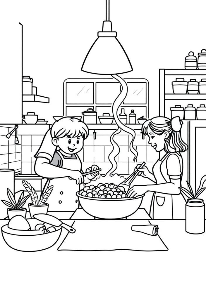 Desenho de Família Ajudando na Cozinha para colorir