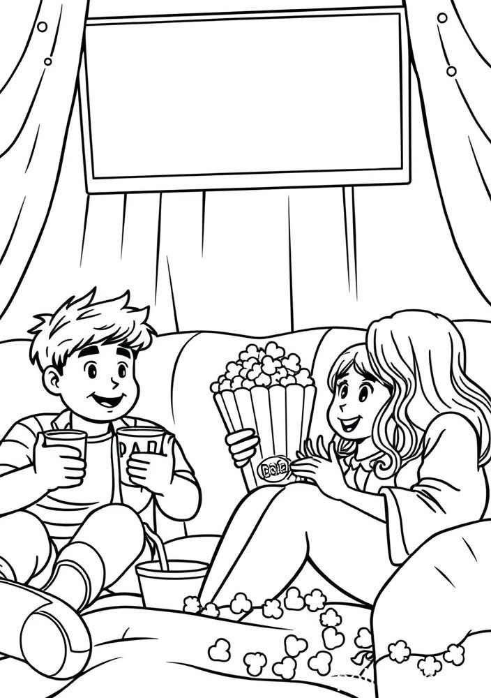 Desenho de Família Assistindo Cinema para Colorir