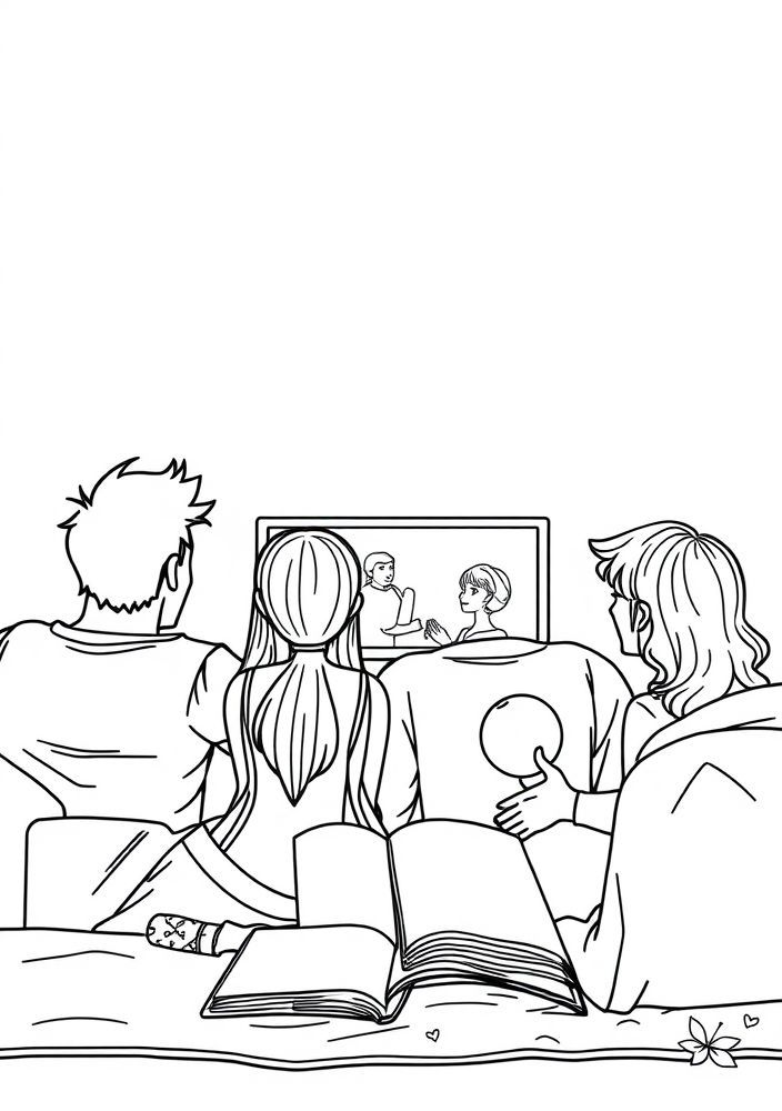 Desenho de Família Assistindo Filme em Casa para colorir