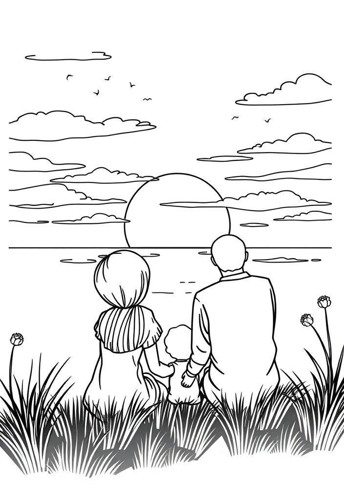 Desenho de Família Assistindo ao Por do Sol para colorir