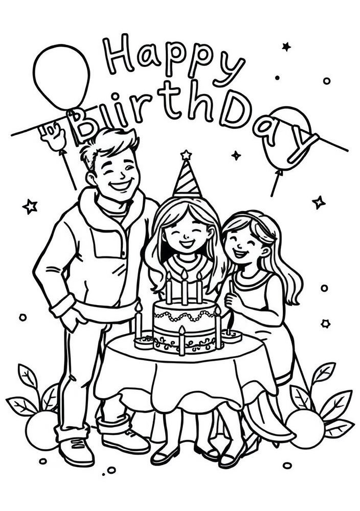 Desenho de Família Celebrando o Aniversário para colorir