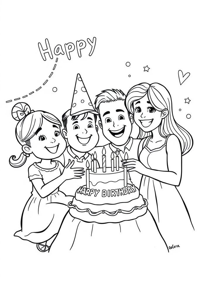 Desenho de Família Celebrando um Aniversário para colorir