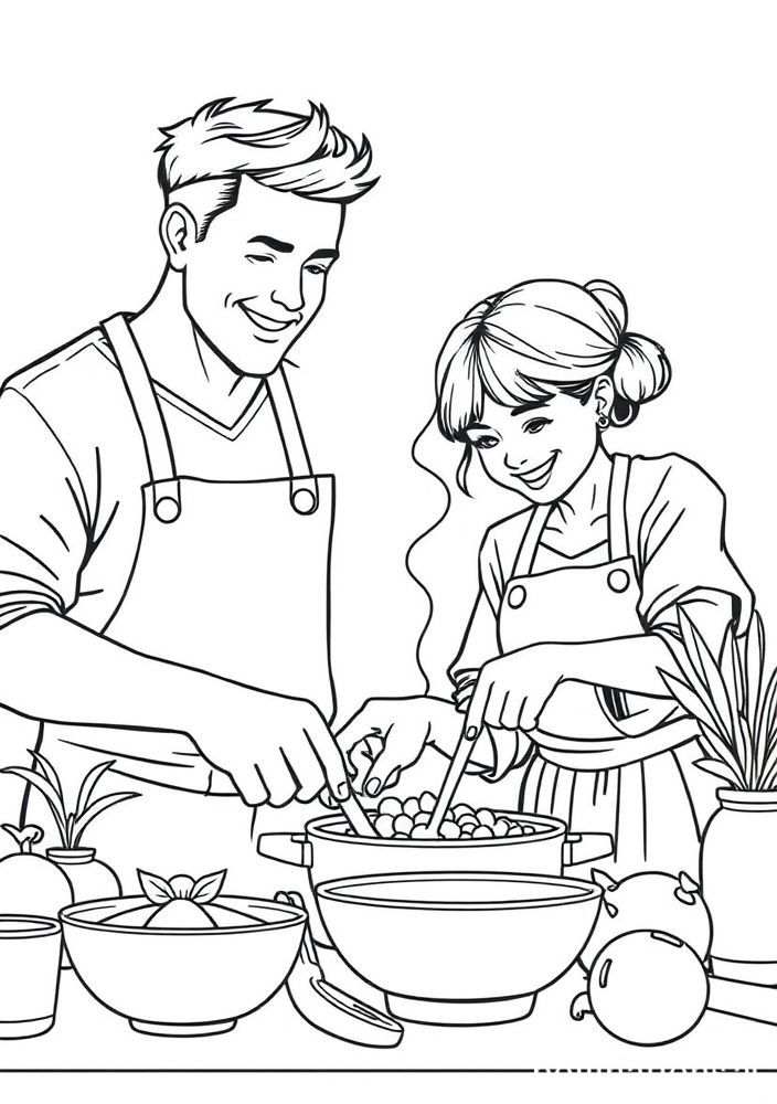 Desenho de Família Cozinhando Juntas para colorir