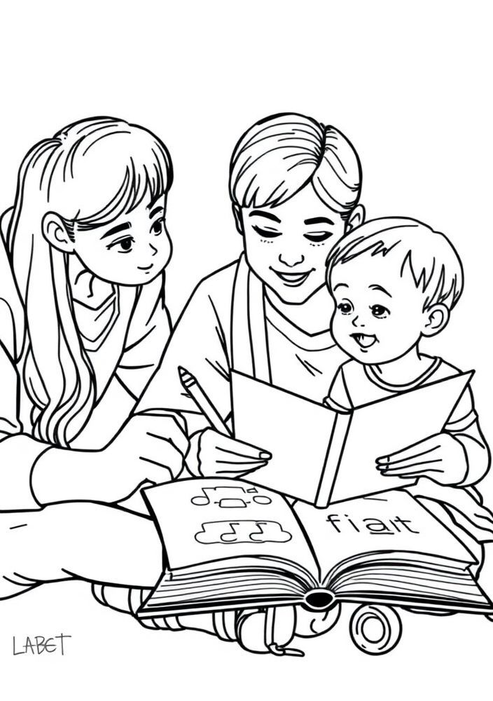 Desenho de Família Estudando Juntos para colorir