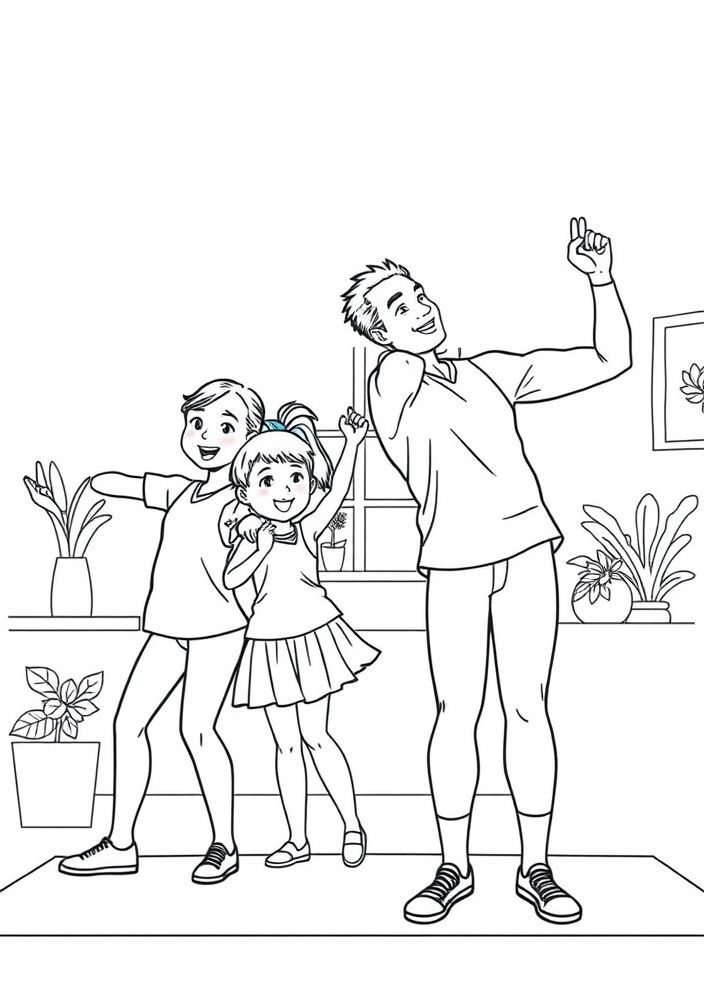 Desenho de Família Fazendo Exercícios em Casa para colorir