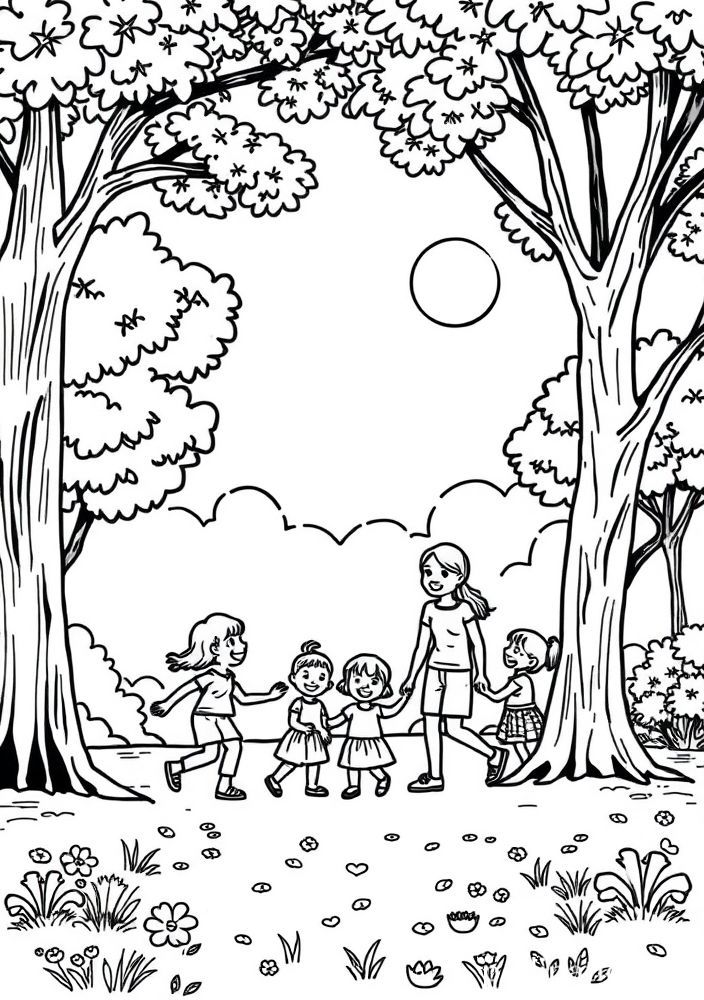 Desenho de Família Feliz em um Parque para Colorir