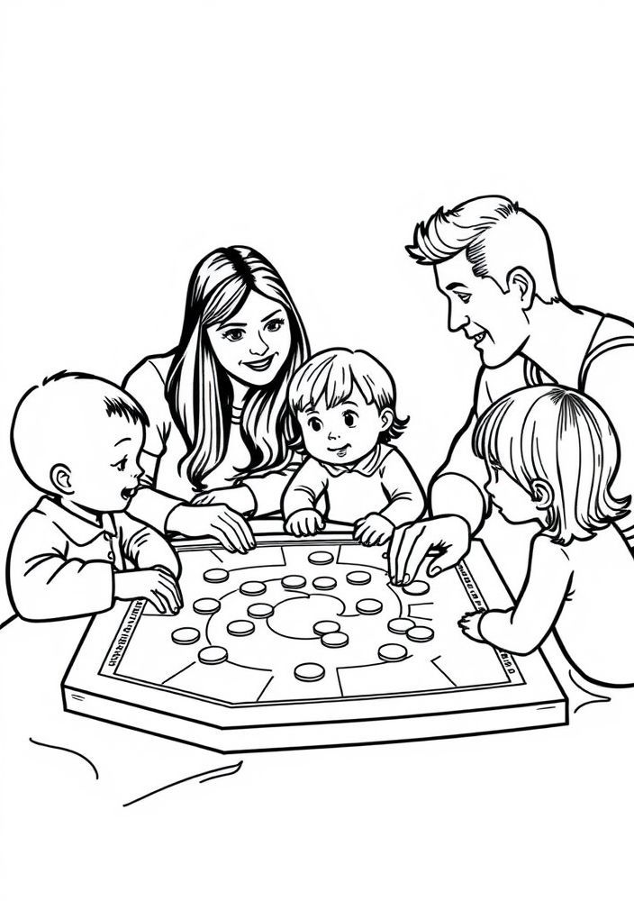 Desenho de Família Jogando Jogo de Tabuleiro para colorir