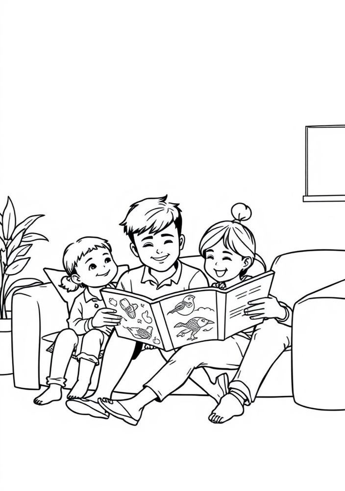 Desenho de Família Lendo Juntos para colorir