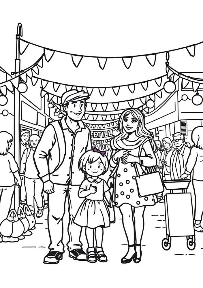 Desenho de Família Participando de um Festival de Rua para colorir