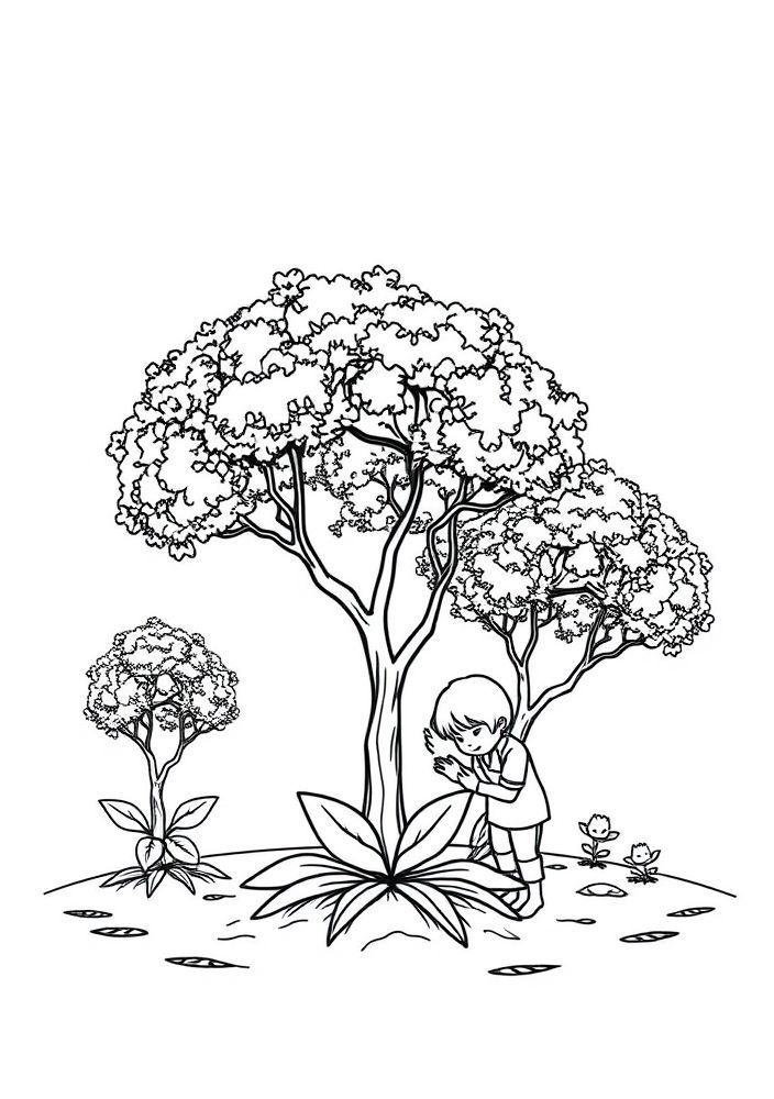 Desenho de Família Plantando Árvores para colorir