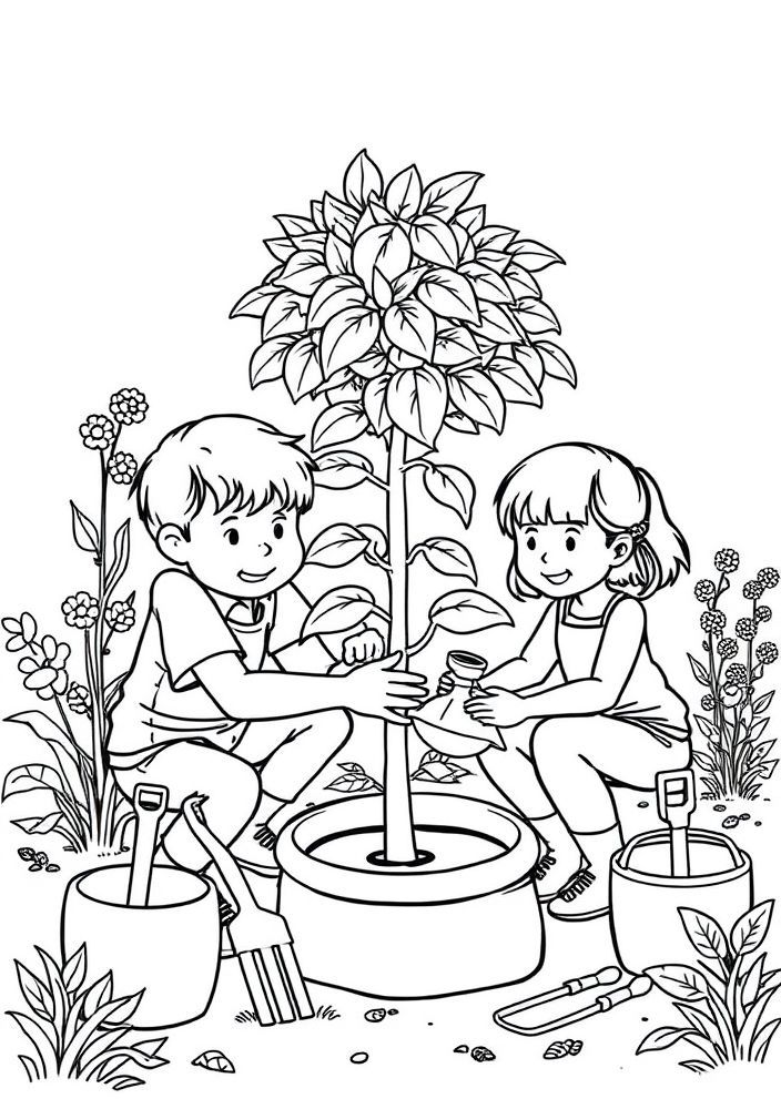 Desenho de Família Plantando uma Árvore para Colorir