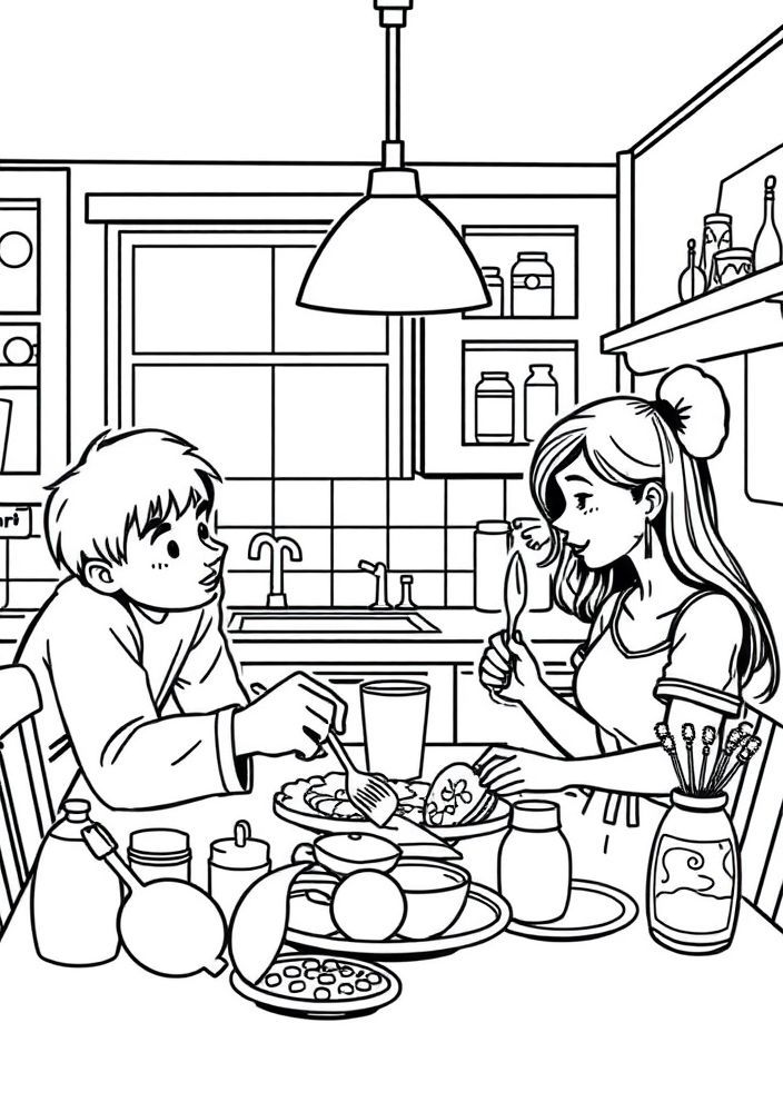 Desenho de Família Preparando o Café da Manhã para Colorir