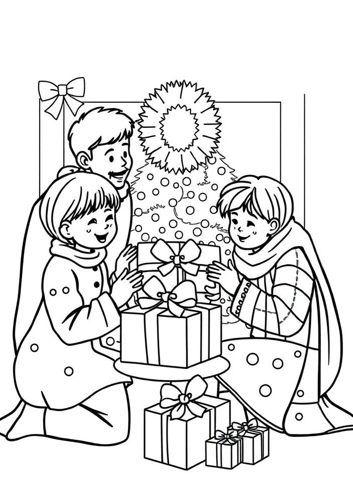 Desenho de Família Trocando Presentes no Natal para colorir