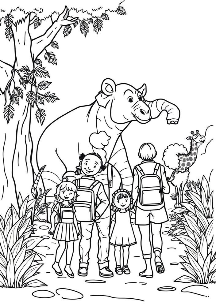 Desenho de Família Visitando o Zoológico para colorir