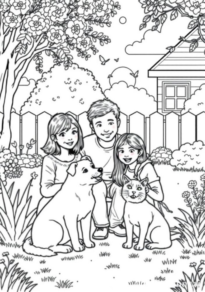 Desenho de Família com Animais de Estimação para Colorir