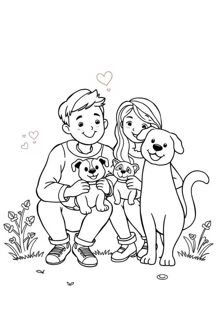 Desenho de Família com Animais de Estimação para colorir