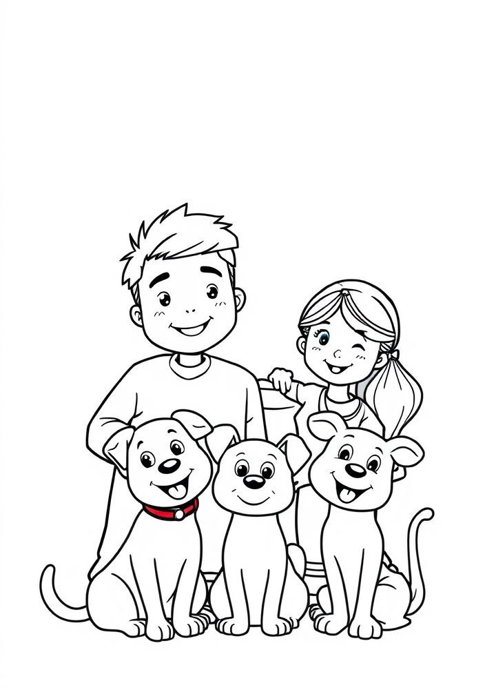 Desenho de Família com Animais de Estimação para colorir