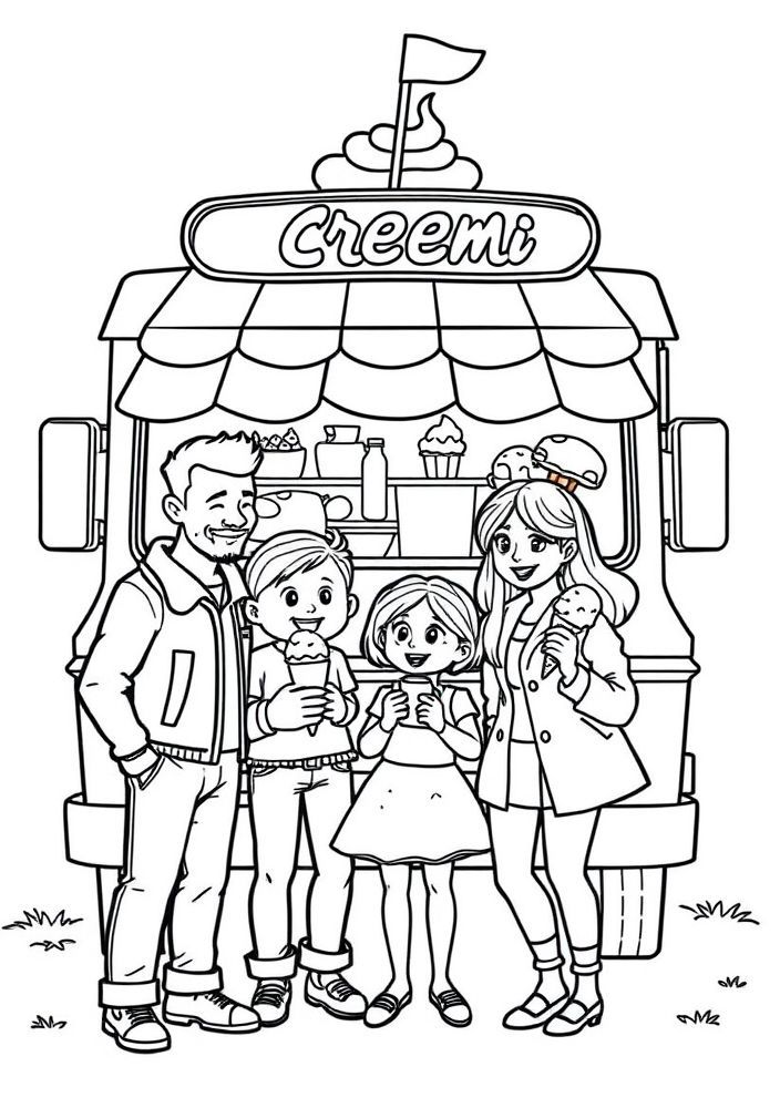 Desenho de Família com Carro de Sorvete para colorir