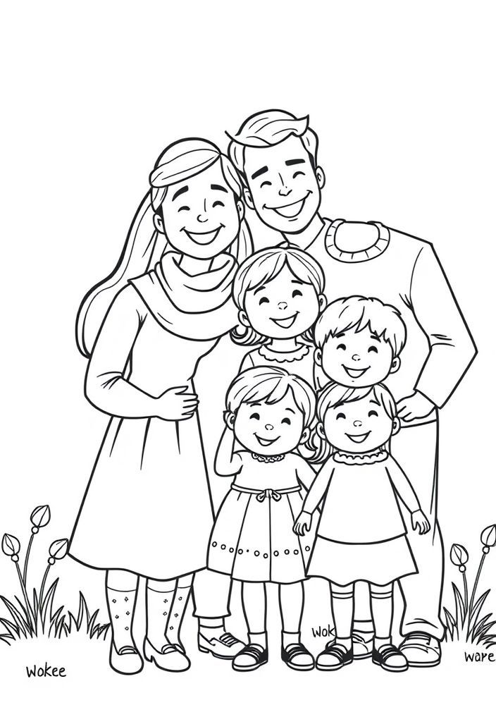 Desenho de Família com Pais e Filhos para colorir