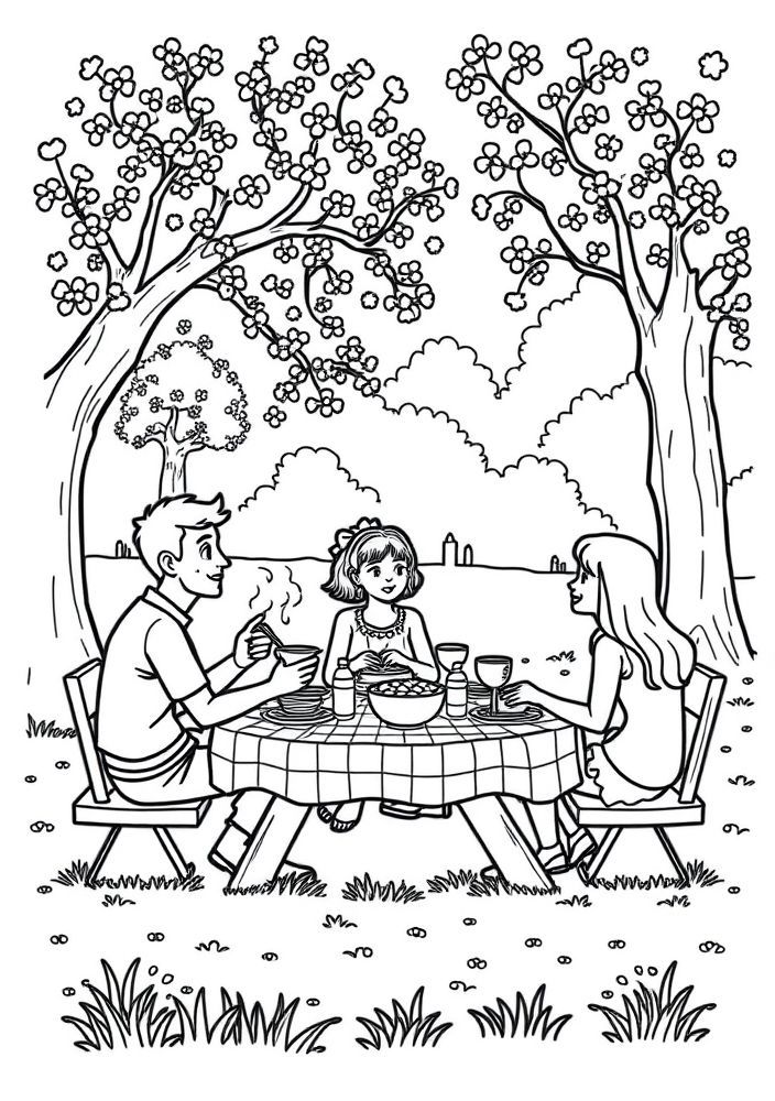 Desenho de Família e um Piquenique no Parque para colorir