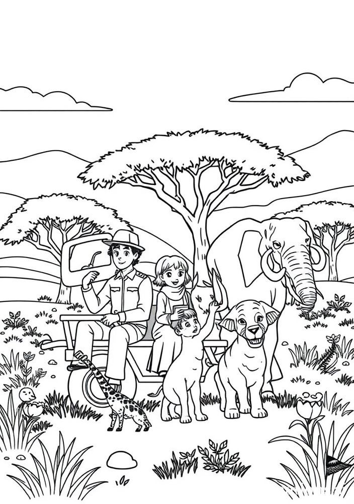 Desenho de Família em Um Safari para Colorir