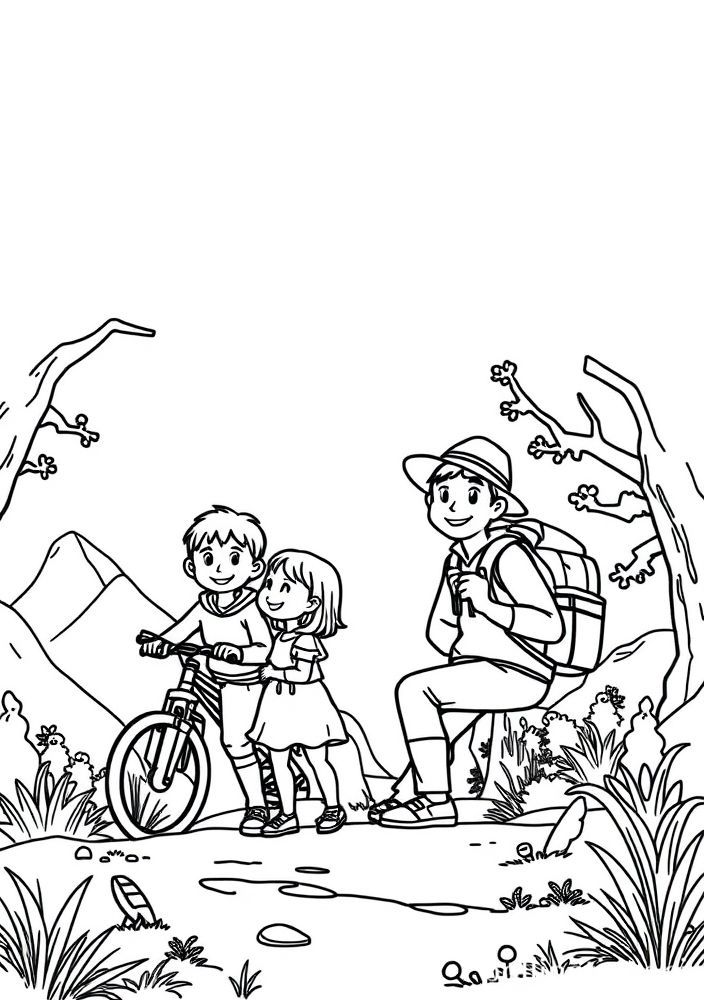 Desenho de Família em um Dia de Aventura ao Ar Livre para colorir