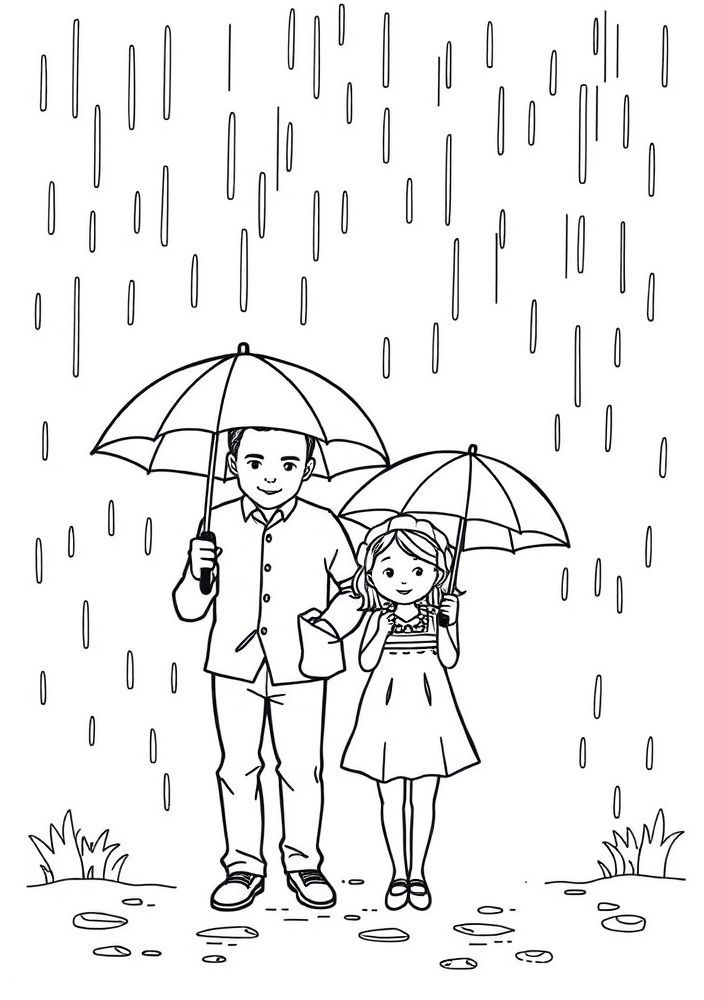 Desenho de Familia em um Dia de Chuva com Guarda-Chuvas para colorir