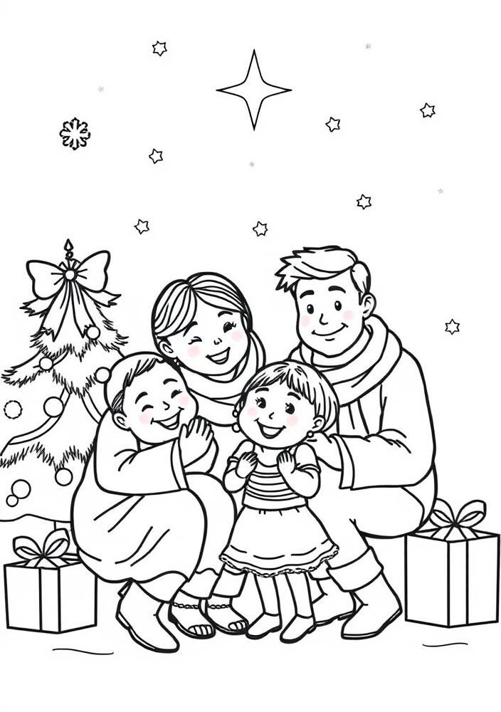 Desenho de Família em um Dia de Natal para colorir