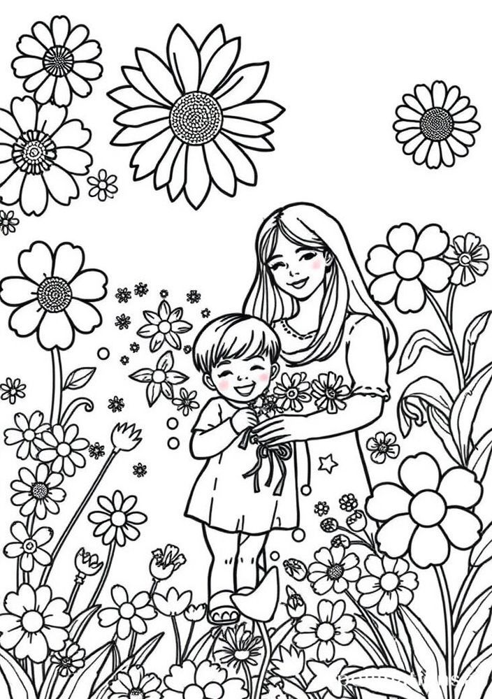Desenho de Família em um Festival de Flores para colorir