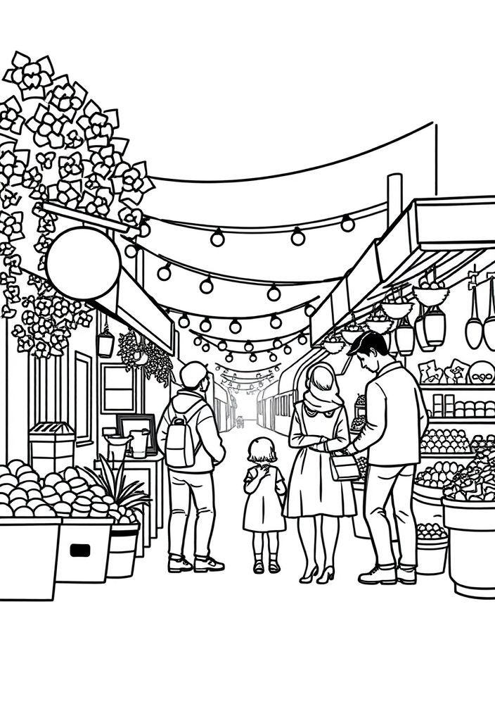 Desenho de Família em um Mercado de Rua para colorir