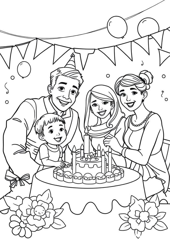 Desenho de Família em uma Festa de Aniversário para colorir