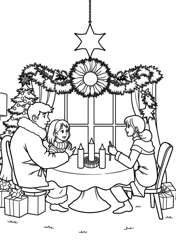 Desenho de Família em uma Festa de Natal para colorir