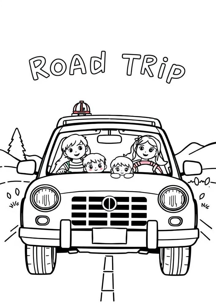 Desenho de Família em uma Viagem de Carro para colorir