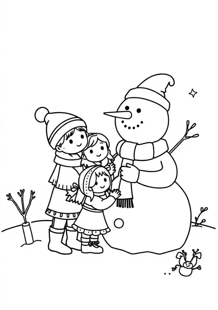 Desenho de Família fazendo Snowman para colorir