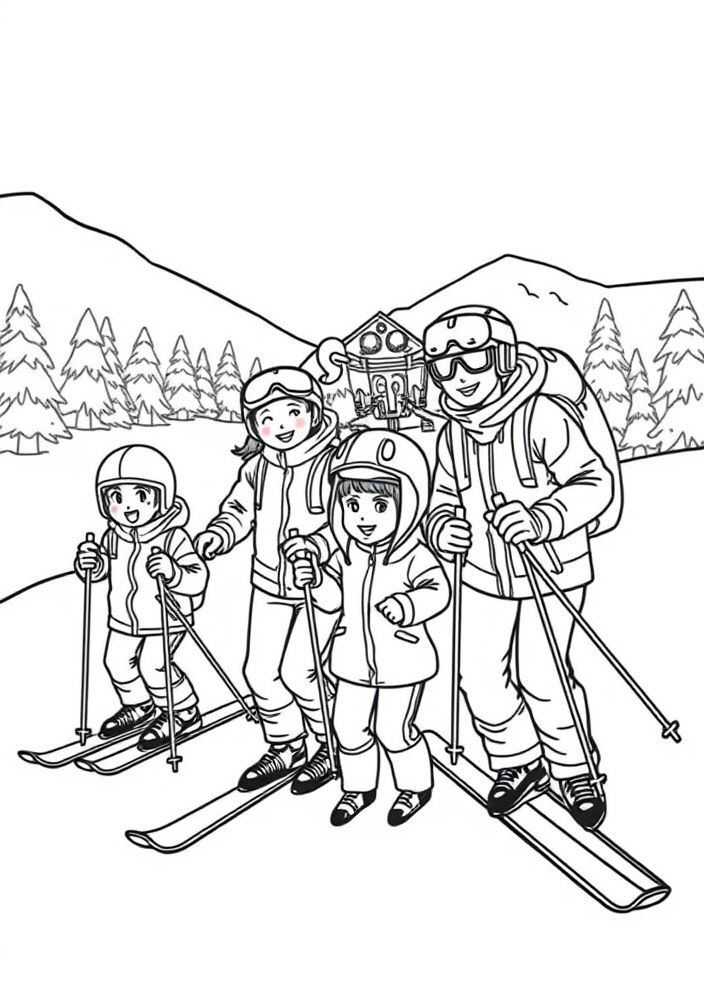 Desenho de Família na Estação de Esqui para colorir