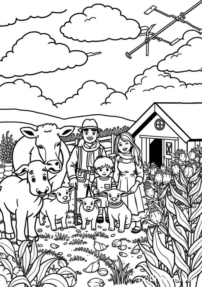 Desenho de Família na Fazenda para Colorir