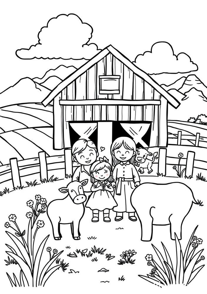 Desenho de Família na Fazenda para colorir