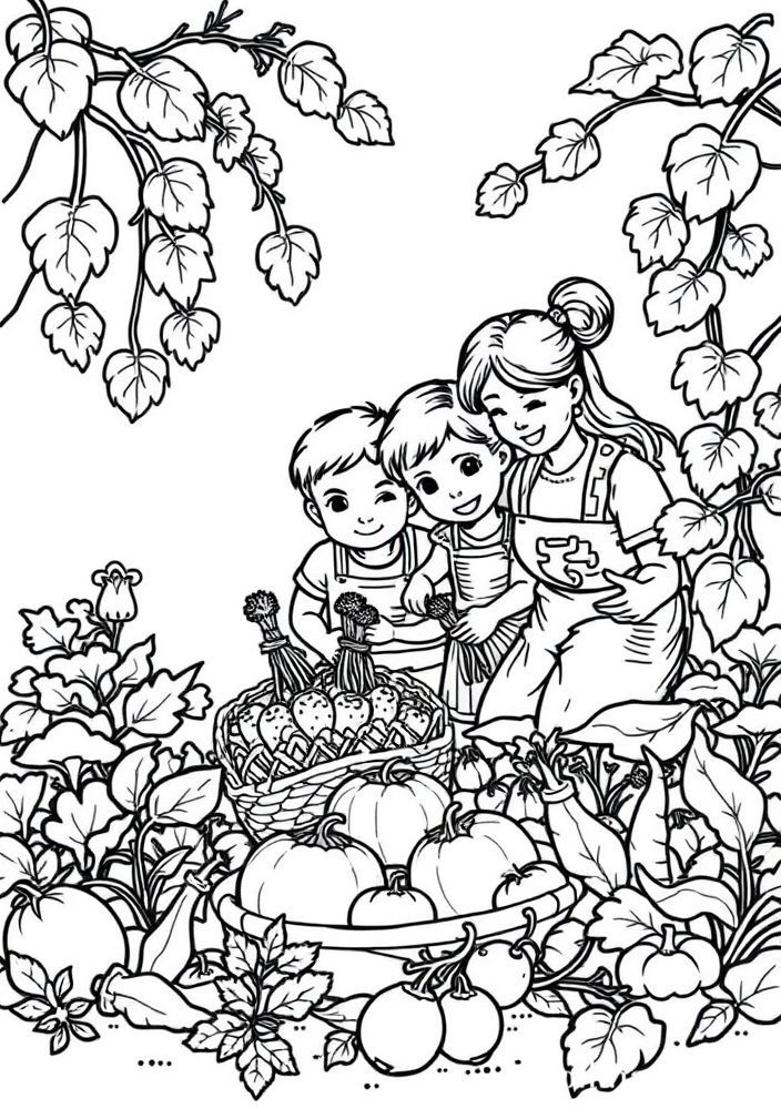 Desenho de Família na Horta Coletando Legumes para colorir