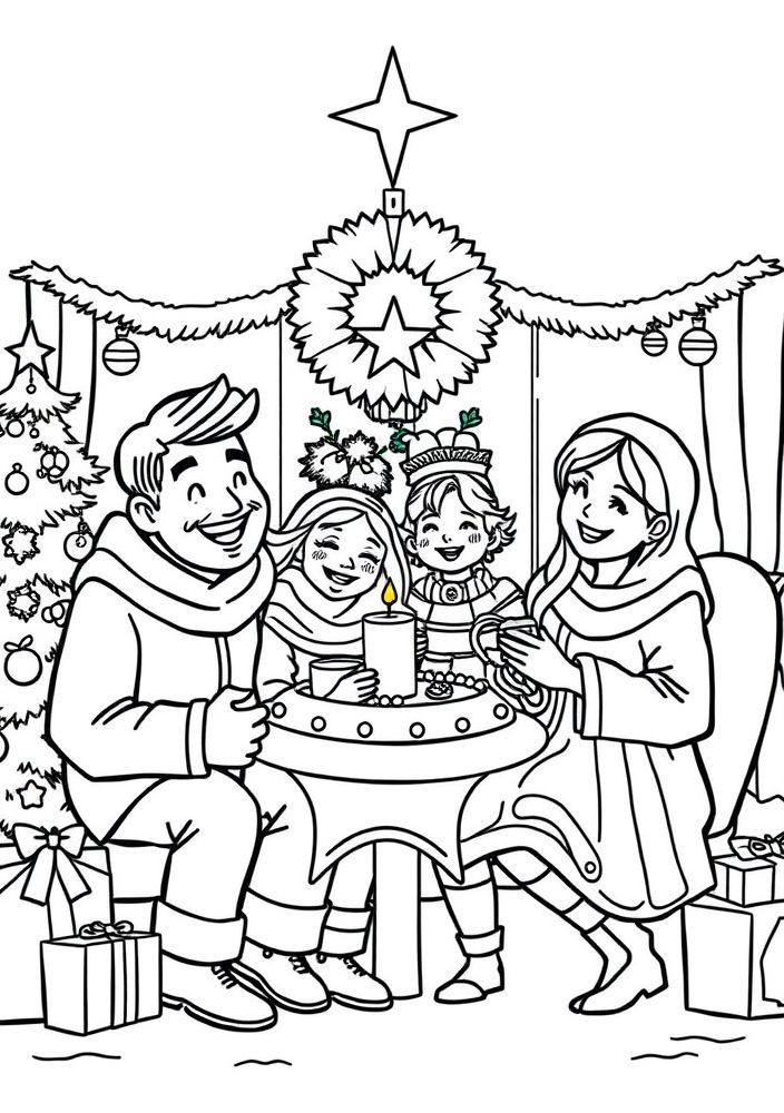 Desenho de Família no Natal para colorir