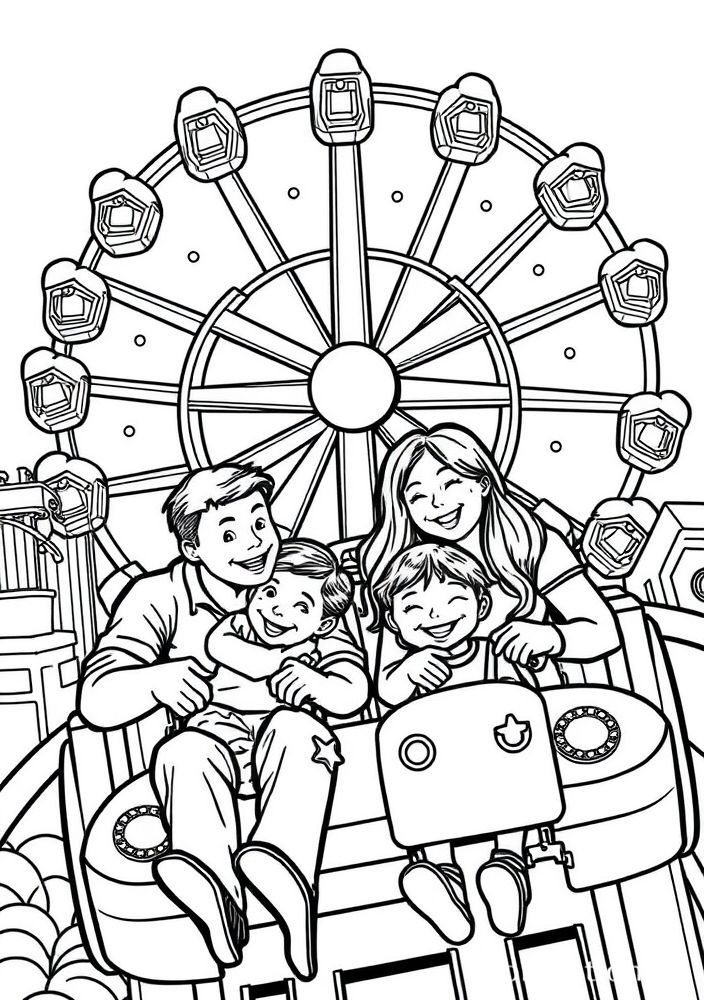 Desenho de Família se Divertindo no Parque de Diversões para colorir