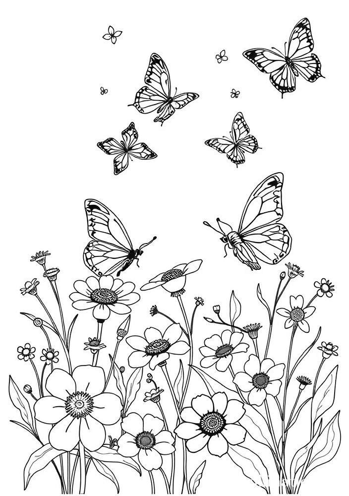 Desenho de Flores e Borboletas para Colorir