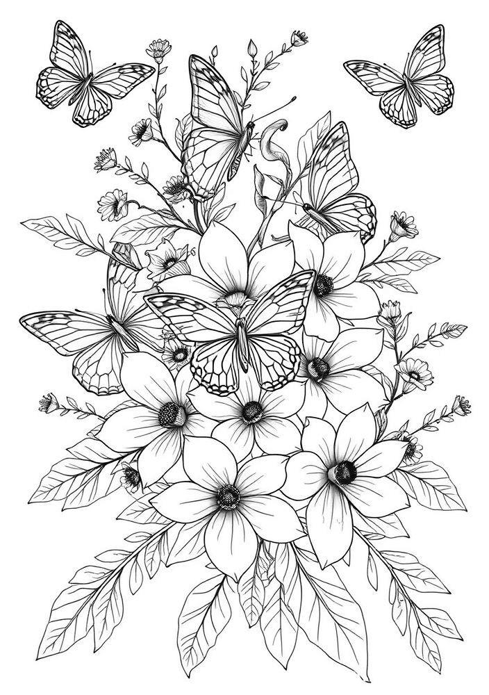 Desenho de Flores e Borboletas para colorir