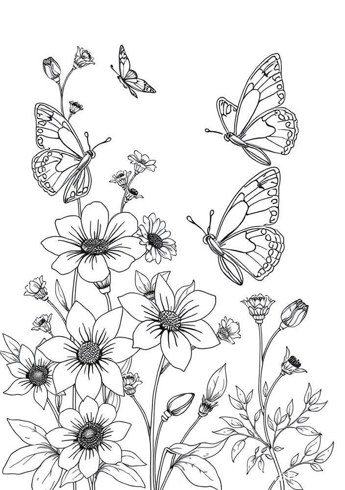 Desenho de Flores e Borboletas para colorir