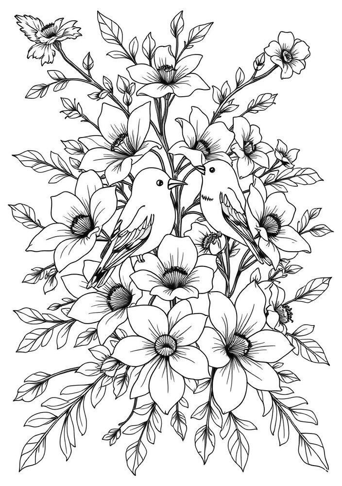 Desenho de Flores e Pássaros para colorir