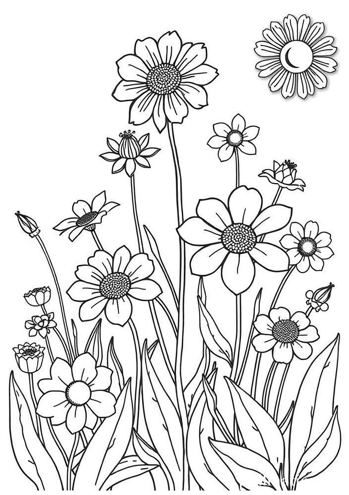 Desenho de Flores em um Jardim para Colorir