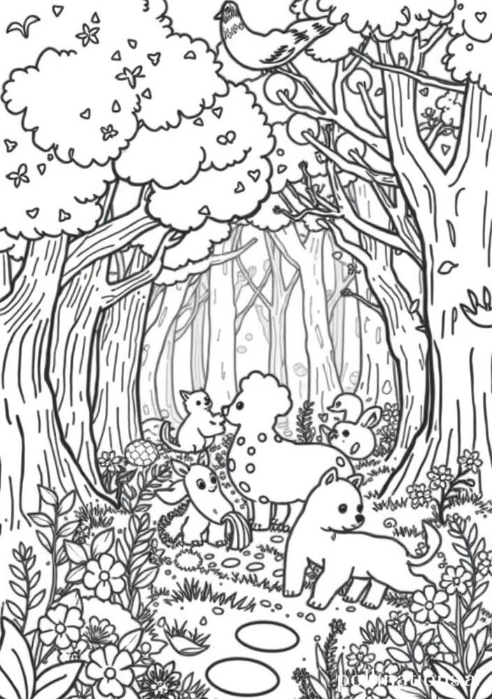 Desenho de Floresta Encantada com Animais para colorir