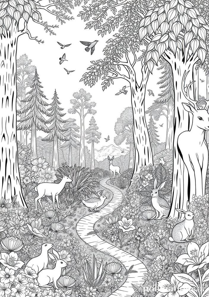 Desenho de Floresta com Animais para Colorir